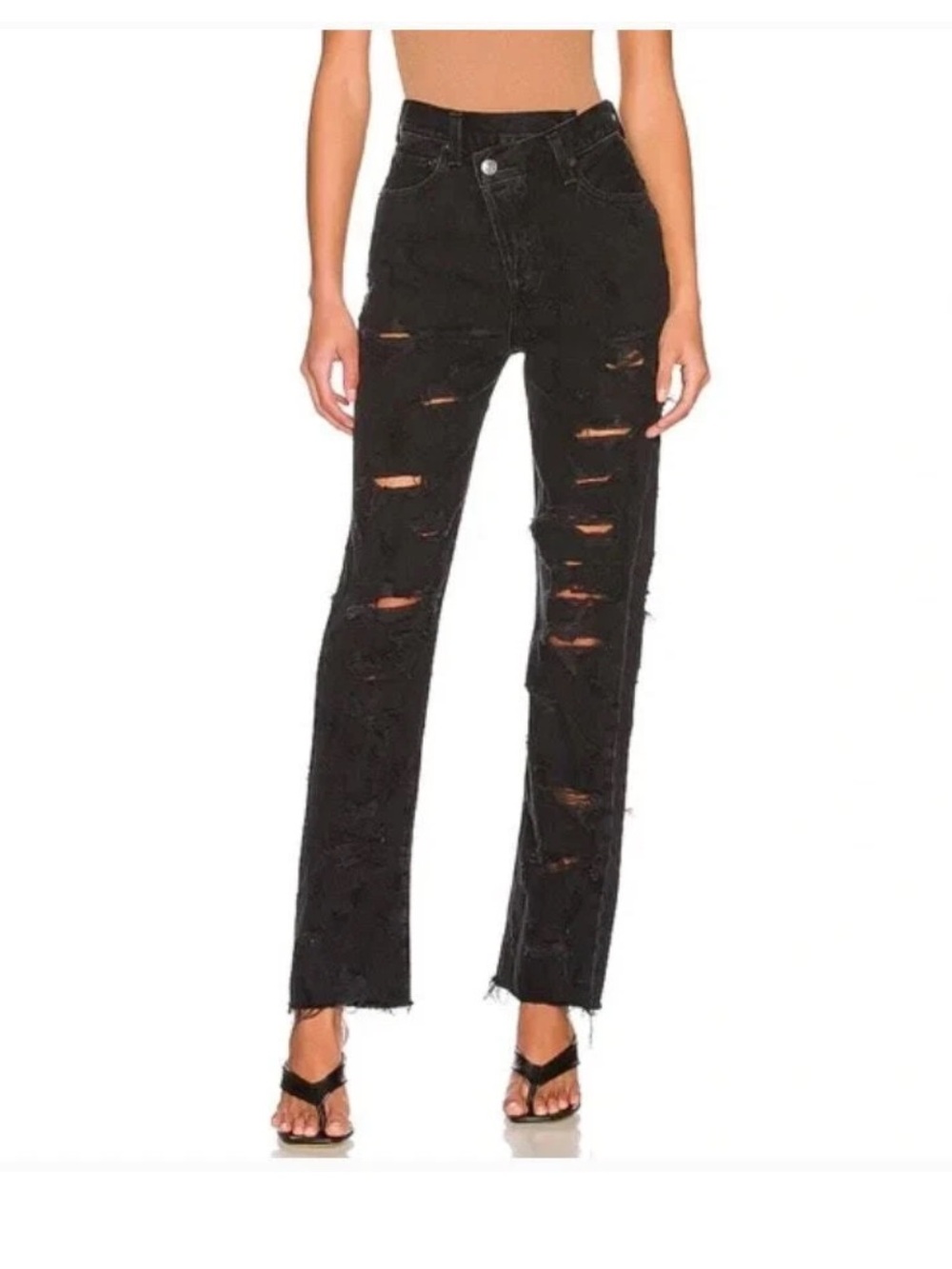 Agolde Black crisscross High-Rise Distressed Straight Leg Jeans 23